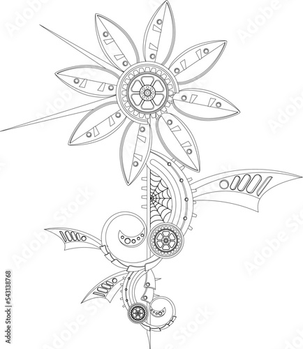 Metal flower coloring book in steampunk style. Vector illustration.