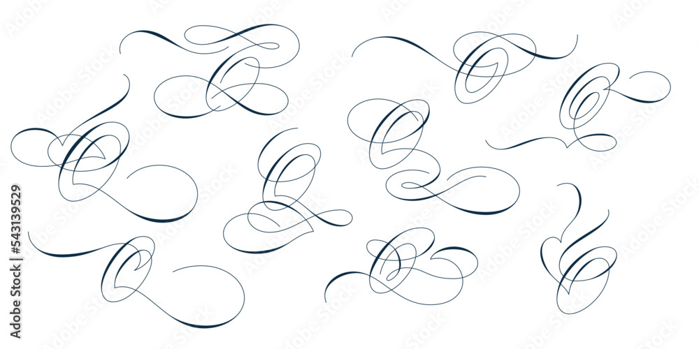 Set of beautiful calligraphic flourishes on capital letter O isolated on white background for decorating text and calligraphy on postcards or greetings cards. Vector illustration. Set of beautiful calligraphic flourishes on capital letter O isolated on white background for decorating text and calligraphy on postcards or greetings cards. Vector illustration.