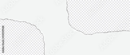 Torn grey paper with soft shadow stuck on white grey square transparent background. Abstract piece of gray ripped paper vector illustration design suitable for decorative, banner, sticker, poster.