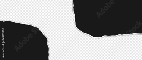 Torn black paper with soft shadow stuck on white grey square transparent background. Abstract piece of black ripped paper vector illustration design suitable for decorative, banner, sticker, poster.
