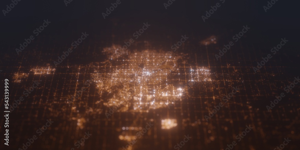 Street lights map of Edmonton (Canada) with tilt-shift effect, view from south. Imitation of macro shot with blurred background. 3d render, selective focus