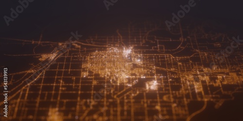 Street lights map of Yuma (Arizona, USA) with tilt-shift effect, view from south. Imitation of macro shot with blurred background. 3d render, selective focus