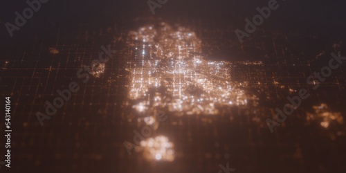 Street lights map of Calgary (Canada) with tilt-shift effect, view from north. Imitation of macro shot with blurred background. 3d render, selective focus