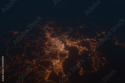 Aerial shot of Hobart (Australia) at night, view from south. Imitation of satellite view on modern city with street lights and glow effect. 3d render