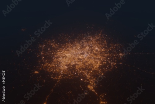Aerial shot on Hyderabad (India) at night, view from east. Imitation of satellite view on modern city with street lights and glow effect. 3d render