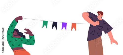 Happy people celebrating holiday, decorating with flag garland. Man and woman with festive decoration, ornament, preparing for celebration. Flat vector illustration isolated on white background