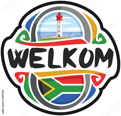 Welkom South Africa Flag Travel Souvenir Sticker Skyline Landmark Logo Badge Stamp Seal Emblem EPS photo