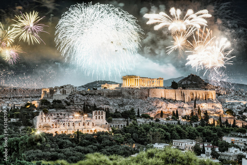 fireworks over Athens, Acropolis and the Parthenon, Attica, Greece - New Year celebrations