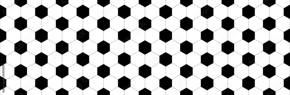 Seamless pattern of soccer, football. Sport texture of ball with black and white hexagons. Abstract sport game illustration background