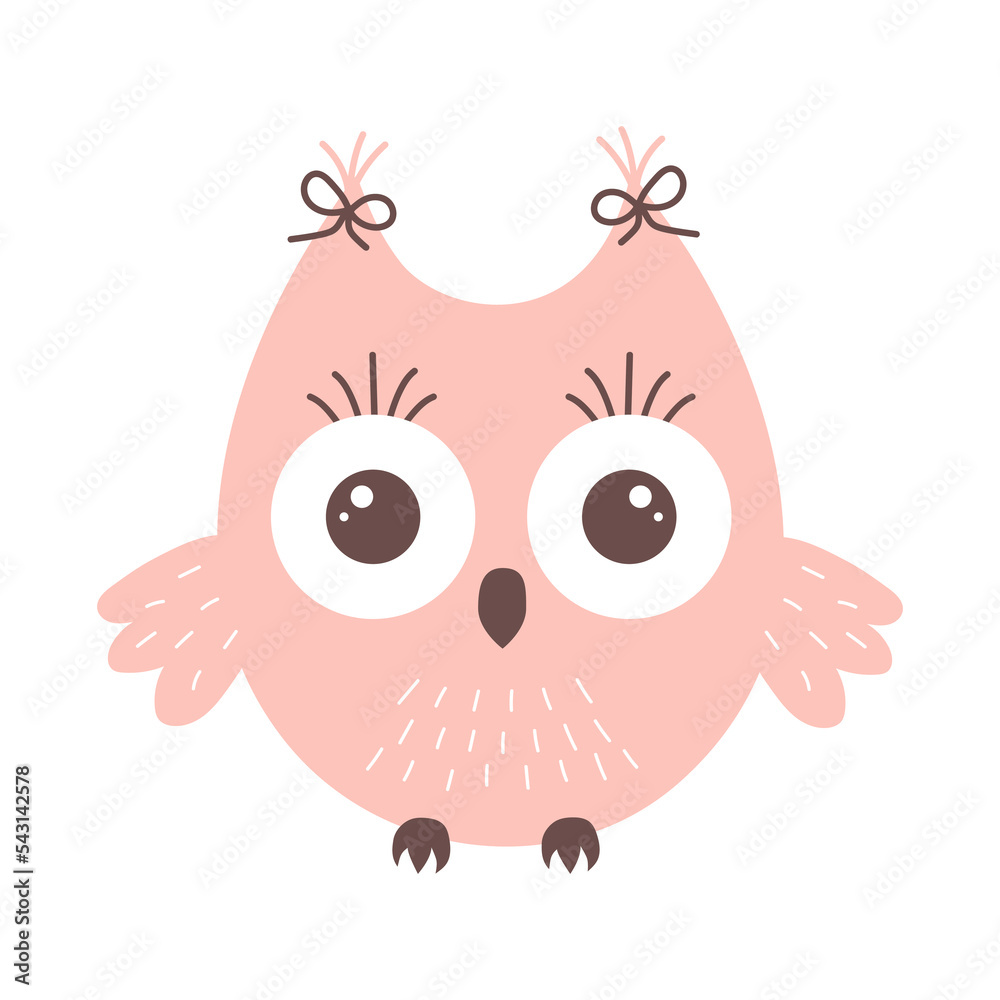 Cute funny pink owl with big eyes and bows. Forest bird cartoon character.