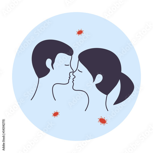 Man and woman kissing and microbes around. Transmission respiratory droplets generated close contact. Medical icon.