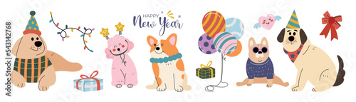Happy new year concept background vector. Set of cute dogs with decorative stuffs, scarf, ribbon, hat, light, present, balloon. Design suitable for banner, invitation, card, greeting, banner, cover.