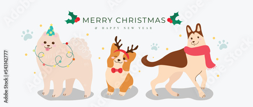 Merry christmas and happy new year concept background vector. Collection drawing of cute dogs with decorative scarf, ribbon, hat. Design suitable for banner, invitation, card, greeting, banner, cover.