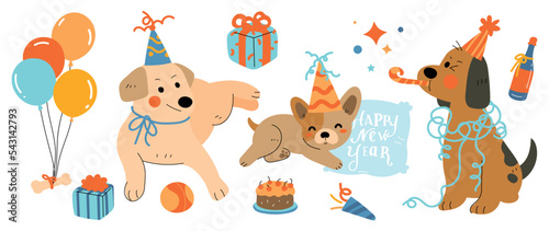 Happy new year concept background vector. Set of cute dogs with decorative stuffs, bottle, ribbon, hat, cake, present, balloon. Design suitable for banner, invitation, card, greeting, banner, cover.