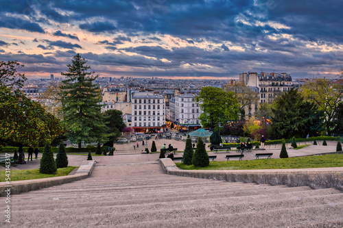 Paris twilight cityscape viewed from the Montmartre stairs