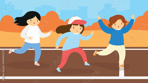 children run in runs against the background of autumn nature