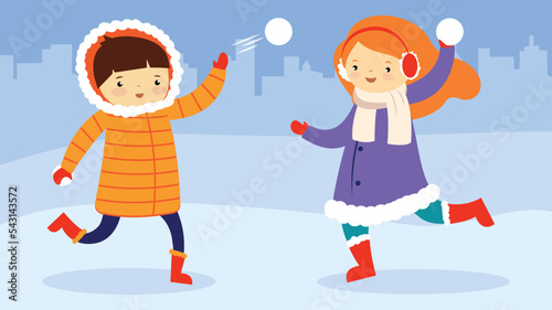 children playing snowballs against the backdrop of a winter landscape