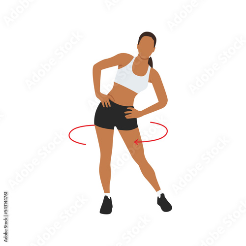 Woman doing Hip circles exercise. Flat vector illustration isolated on white background