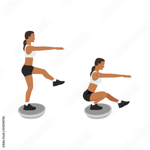 Woman doing Single leg squat. Pistol squats exercise. Flat vector illustration isolated on white background