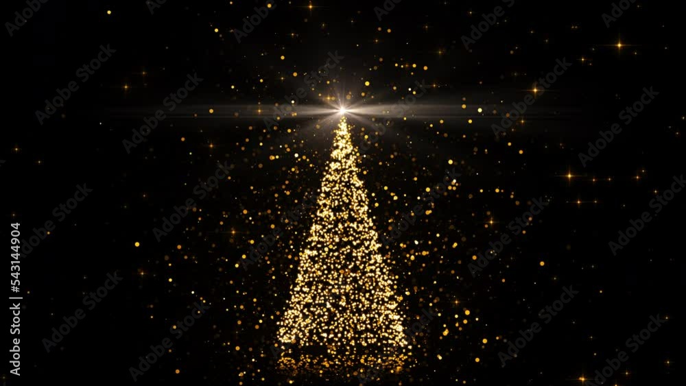 Merry Christmas greeting animated background. Christmas tree with shining light and glowing stars, 4K holiday intro