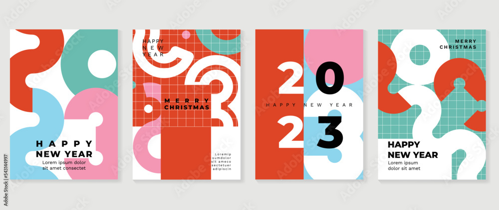 Set of christmas and happy new year 2023 background cover vector. Typography and geometric shape vector illustration. Modern art design for social media, banner, card, cover, poster, advertising,.