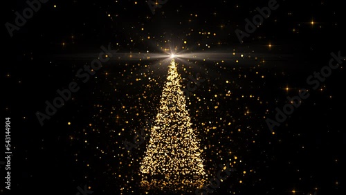 Merry Christmas greeting animated background. Christmas tree with shining light and glowing stars, 4K holiday intro