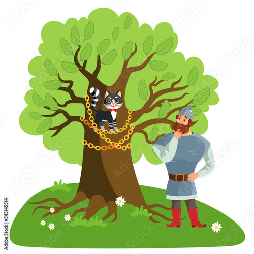 Russian hero in an old military uniform Stands by the fabulous oak tree and listens to a learned talking cat. The concept of getting advice, help.