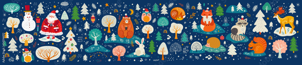 Big Christmas collection with Santa Claus, snowman, forest animals and Christmas trees	