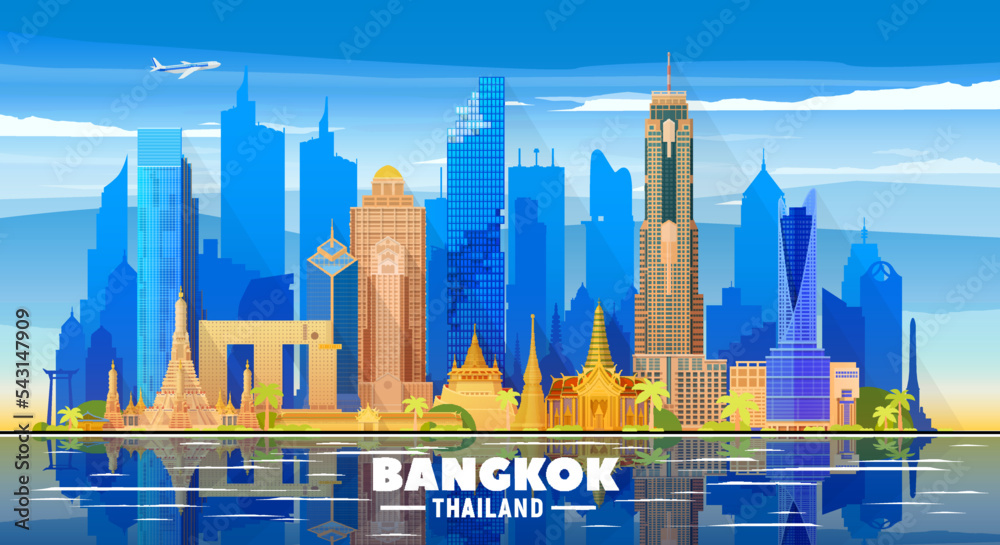Bangkok ( Thailand ) skyline with panorama in sky background. Vector Illustration. Business travel and tourism concept with modern buildings.