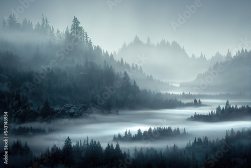 Mountains with pine forest and fog