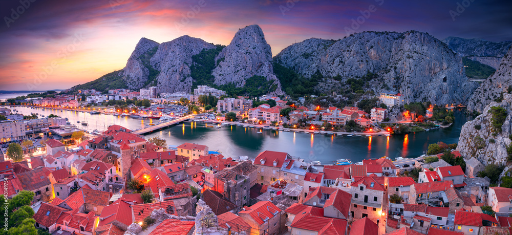 Omis, Croatia. Panoramic cityscape image of beautiful coastal town Omis, Dalmatia, Croatia at summer sunset.