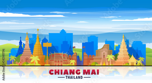 Chiang Mai Thailand skyline with panorama in sky background. Vector Illustration. Business travel and tourism concept with modern buildings. Image for banner or website. photo