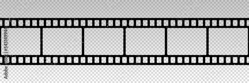 Old film strip seamless pattern. Repeated black filmstrip isolated on transparent background. Grunge effect exposure. Repeating clipping reel movie. Photo frame tape. Repeat roll. Vector illustration