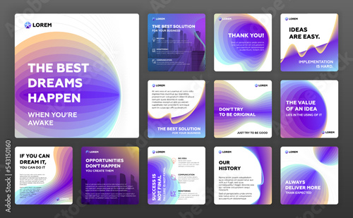 Social media post templates set with cityscape vector illustration on background. Square instagram posts layouts for personal blog.