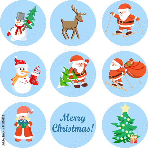Christmas stickers Santa Claus, snowman, deer, Christmas tree, little girl. Vector illustration.