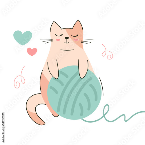 Cute cat with knitting ball. Red important cat with knitting yarn cartoon vector icon, cartoon style, vector illustration, clipart.