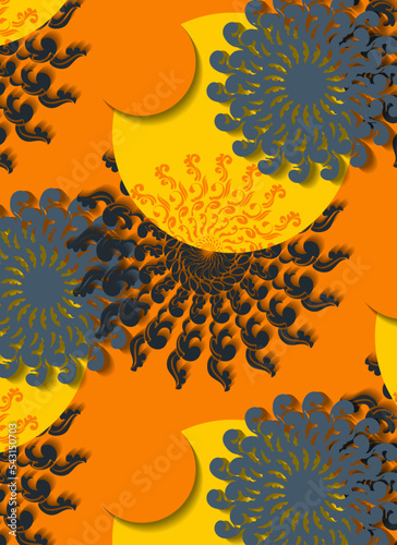 Seamless floral ornament and sircle on the orange background