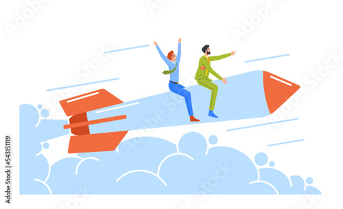 Cheerful Business Men Characters Flying Up by Rocket Engine. Office Workers Career Boost, Start Up Launch, Leadership