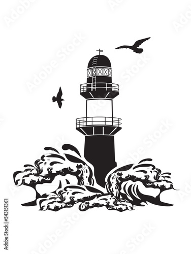 Leuchtturm Warnemünde im Sturm mit Möwen als Vektoren
