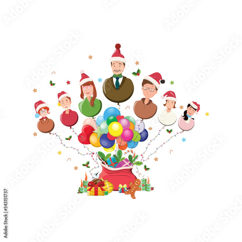Joyful men women with Christmas balloons Celebration fun vector character illustration. Perfect for coloring book, textiles, icon, web, painting, books, t-shirt print.