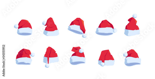 Set Santa Claus Caps Isolated Icons On White Background. Holiday Santa Hats Collection, Red Xmas Headwear With Fur