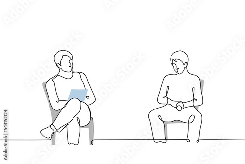 man sitting at the reception of a male psychologist - one line drawing vector. concept male patient (client) talks about his problems to a male psychoanalyst and the doctor takes notes
