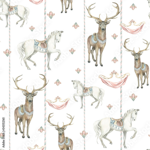 Horses and deer. Stripes. Pattern. Watercolor