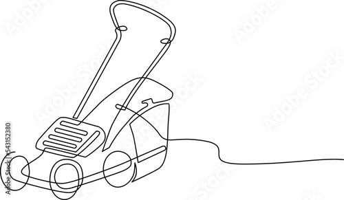 Electric lawnmower. Grass cutting device. Continuous line drawing. Vector illustration