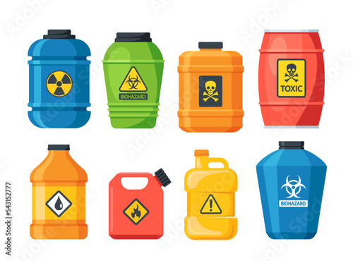 Set Of Dangerous Substances, Various Containers With Explosive Chemical Liquids, Flammable Toxic Gases, Toxins