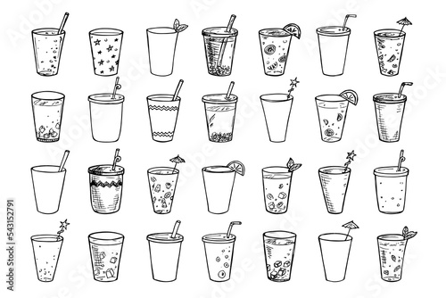 Cute cups of water, milkshake, juice and soda. Drink illustration. Simple cocktail clipart set