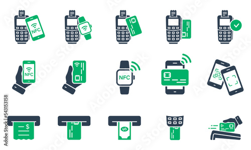 Pay Transaction by Mobile Phone, Smart Watch, Credit Card on POS Silhouette Icon Set. NFC Cashless Wireless Payment Technology Glyph Pictogram. ATM Money Withdraw Icon. Isolated Vector Illustration