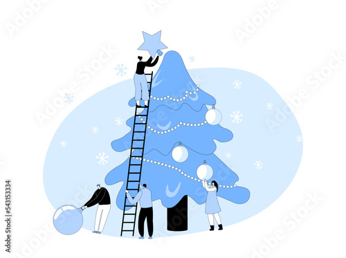 New Year Celebrating Concept. Happy Tiny People Decorate Huge Christmas Tree Together Prepare for Winter Celebration