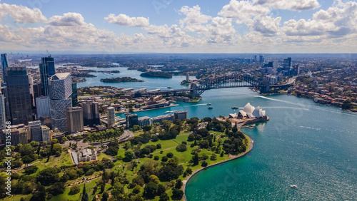 Aerial view of Sydney Harbour, NSW, Australia looking from the east showing Sydney Harbour Bridge 