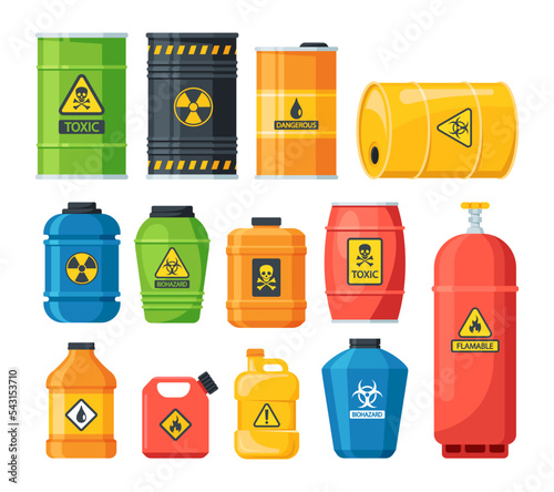 Set of Different Containers With Hazard Explosive Chemical Liquid. Toxic Compressed Gas And Oil, Isolated Safety Tanks
